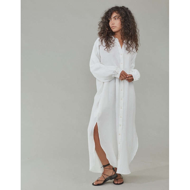 Lena Organic Cotton Gauze Maxi Shirt Dress Soft White