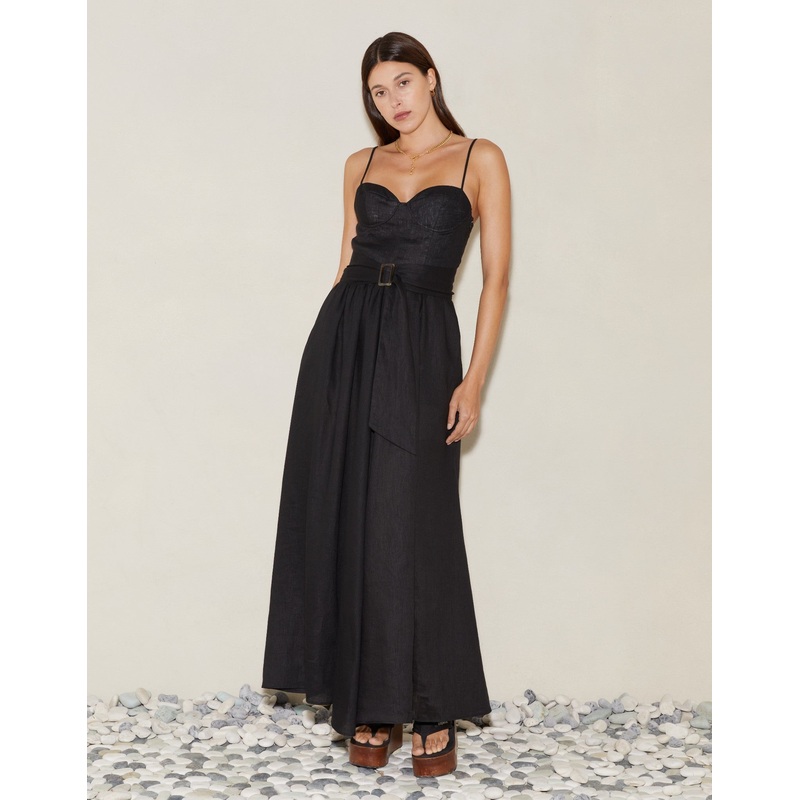 Alfresco Bodice Linen Maxi Dress Black