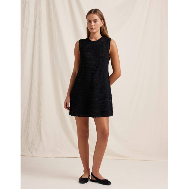 Pointelle Shift Mini Dress Noir